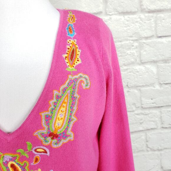 Ralph Lauren Black Label Embroidered Pink V-Neck Cashmere Sweater Size M - Picture 5 of 14